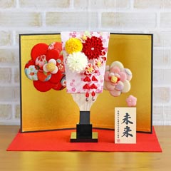 つまみ細工 丸菊と赤菊 3-55 髪飾り付き 花満開屏風 敷き布セット