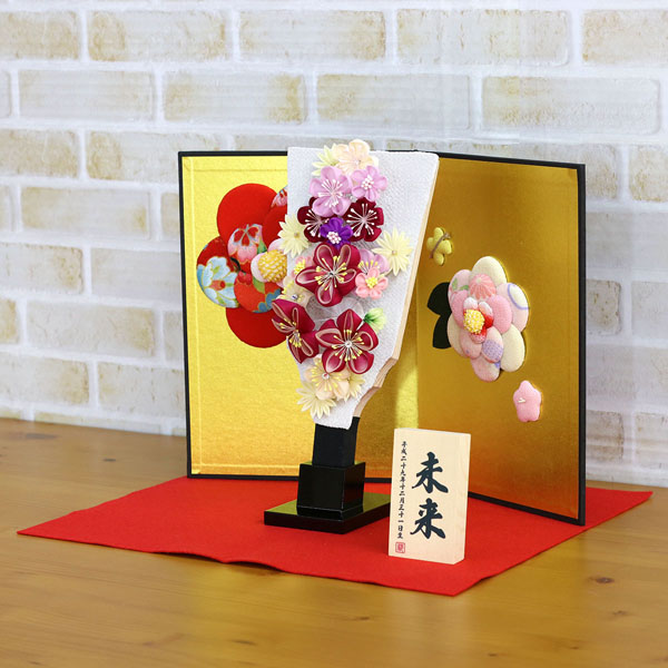 守田　 羽子板　つまみ細工 羽子板 ホワイト 花満開屏風 敷き布セット　詳細画像