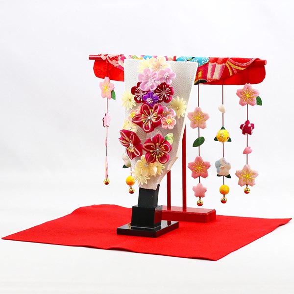 守田　 羽子板　つまみ細工 羽子板 ホワイト 花満開桜橘几帳 敷き布セット　詳細画像