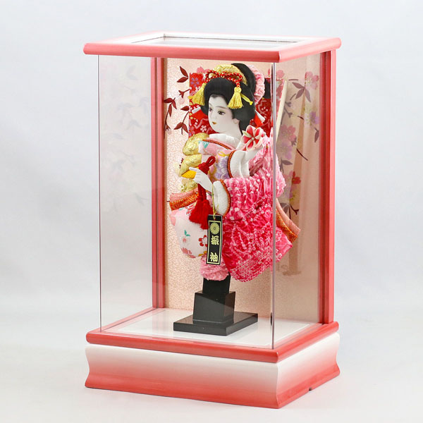 幸月　 羽子板　花振袖 金襴かのこ ピンク パール白/ピンク塗り アクリルケース　詳細画像