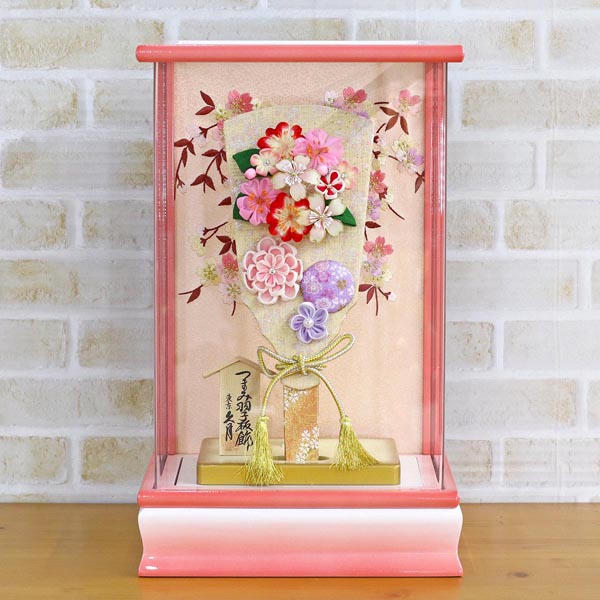 久月　 羽子板　つまみ細工 金紫 20127-1 パール白/ピンク塗り アクリルケース　詳細画像