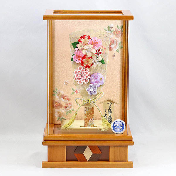 久月　 羽子板　つまみ細工 金紫 20127-1 杏 木目 アクリルケース　詳細画像