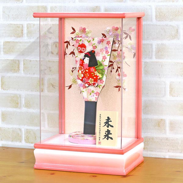 ちりめん細工 姫羽子板 鞠あそび パール白/ピンク塗り アクリルケース