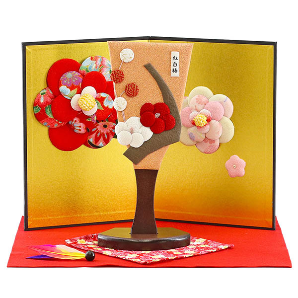 ちりめん細工 姫羽子板 紅白梅 花満開屏風 敷き布セット