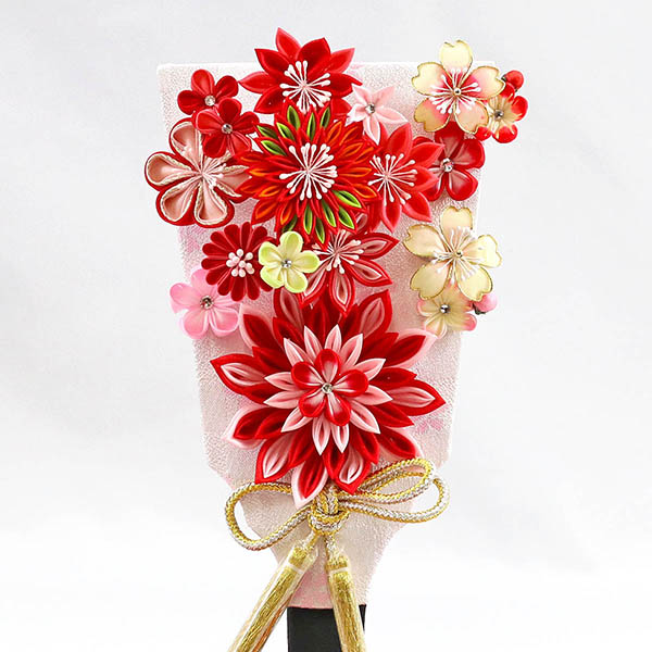 守田　 羽子板　つまみ細工 羽子板 赤 壁掛け 額飾り パールピンク塗り アクリルケース　詳細画像