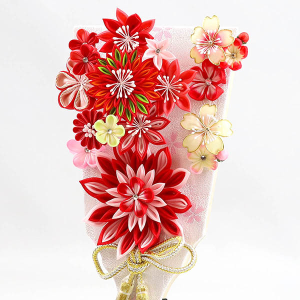 守田　 羽子板　つまみ細工 羽子板 赤 壁掛け 額飾り パールピンク塗り アクリルケース スタンドセット　詳細画像