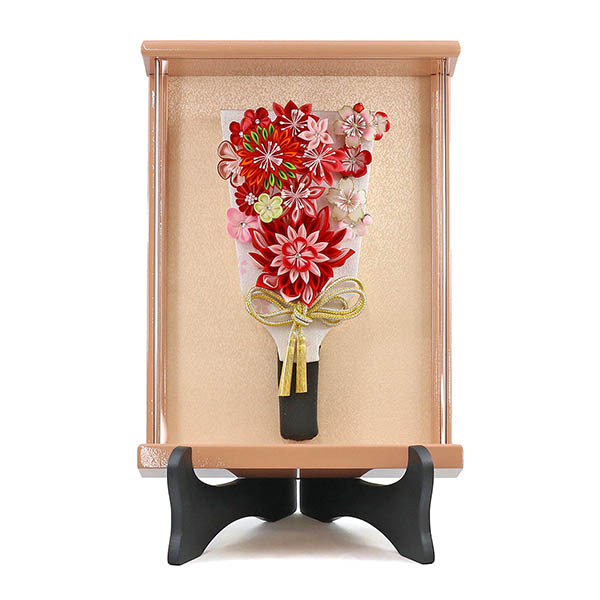 つまみ細工 羽子板 赤 壁掛け 額飾り パールピンク塗り アクリルケース スタンドセット