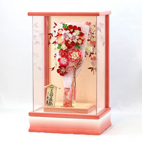 久月　 羽子板　つまみ細工 羽子板 桃赤花 パール白/ピンク塗り アクリルケース　詳細画像