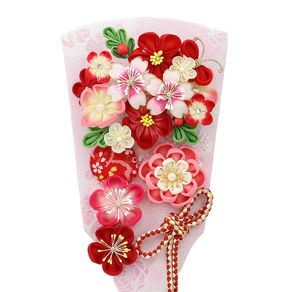 久月　 羽子板　つまみ細工 羽子板 桃赤花 パール白/ピンク塗り アクリルケース　詳細画像