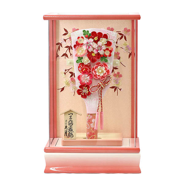 つまみ細工 羽子板 桃赤花 パール白/ピンク塗り アクリルケース