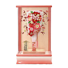 羽子板: つまみ細工 羽子板 桃赤花 パール白/ピンク塗り アクリルケース