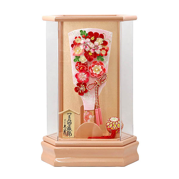 つまみ細工 羽子板 桃赤花 パールピンク塗り 六角アクリルケース