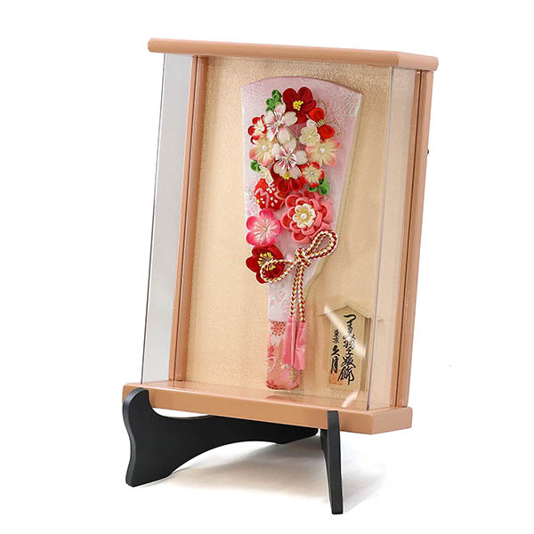 久月　 羽子板　つまみ細工 羽子板 桃赤花 壁掛け 額飾り パールピンク塗り アクリルケース スタンドセット　詳細画像