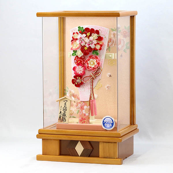 久月　 羽子板　つまみ細工 羽子板 桃赤花 杏 木目 アクリルケース　詳細画像