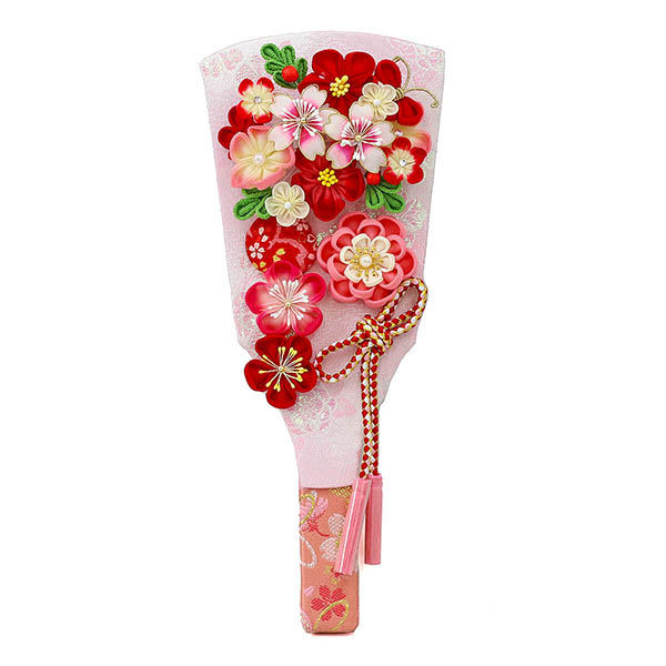 久月　 羽子板　つまみ細工 羽子板 桃赤花 杏 木目 アクリルケース　詳細画像