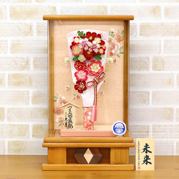 久月　 羽子板　つまみ細工 羽子板 桃赤花 杏 木目 アクリルケース　詳細画像