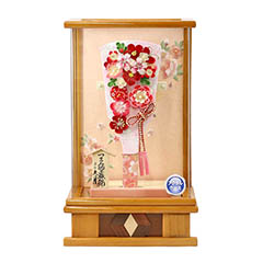 羽子板: つまみ細工 羽子板 桃赤花 杏 木目 アクリルケース