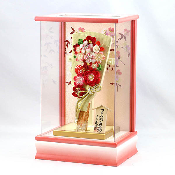 久月　 羽子板　つまみ細工 羽子板 金赤花 パール白/ピンク塗り アクリルケース　詳細画像