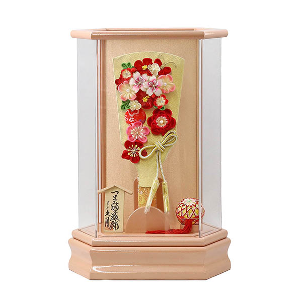 つまみ細工 羽子板 金赤花 パールピンク塗り 六角アクリルケース