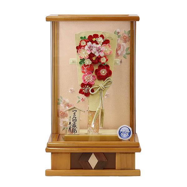つまみ細工 羽子板 金赤花 杏 木目 アクリルケース