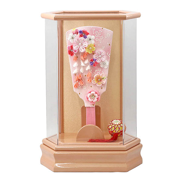 つまみ細工 羽子板 ピンク パールピンク塗り 六角アクリルケース