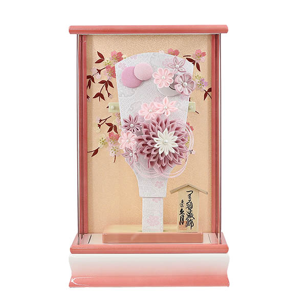 つまみ細工 髪飾り付き 羽子板 桃 パール白/ピンク塗り アクリルケース