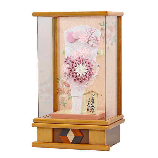 久月　 羽子板　つまみ細工 髪飾り付き 羽子板 桃 杏 木目 アクリルケース　詳細画像