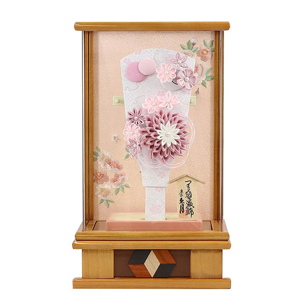 つまみ細工 髪飾り付き 羽子板 桃 杏 木目 アクリルケース