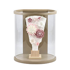 羽子板: つまみ細工 羽子板 白/薄紫 モカ塗り まどか 麻の葉文様 円形 筒型 アクリルケース