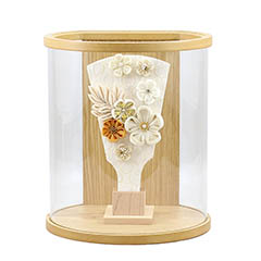 羽子板: つまみ細工 羽子板 白/モカ タモ 白木 まどか 円形 筒型 アクリルケース