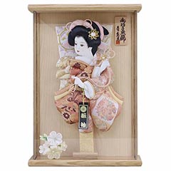羽子板: 壁掛け 額飾り 金彩振袖 モカ 板木目 アクリルケース飾り