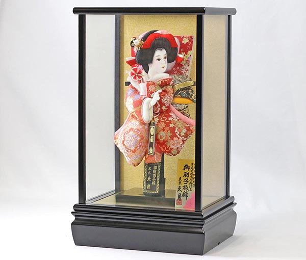 久月　 羽子板　金襴振袖 黒塗 ガラスケース飾り　詳細画像