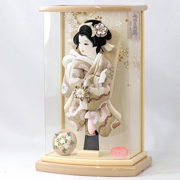 久月　 羽子板　金襴振袖 モカ塗 アクリルケース飾り　詳細画像