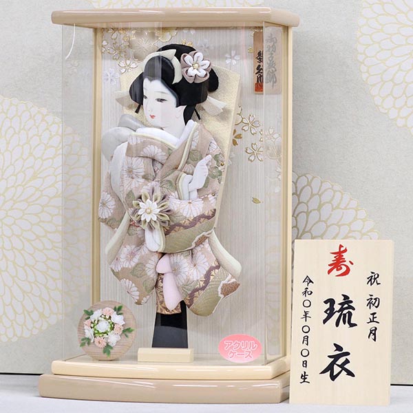 久月　 羽子板　金襴振袖 モカ塗 アクリルケース飾り　詳細画像