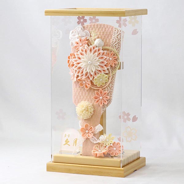 久月　 羽子板　つまみ細工 サーモン アクリルケース飾り　詳細画像