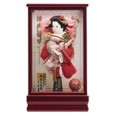 羽子板: 総柄鹿の子振袖 赤塗 面取りガラスケース飾り