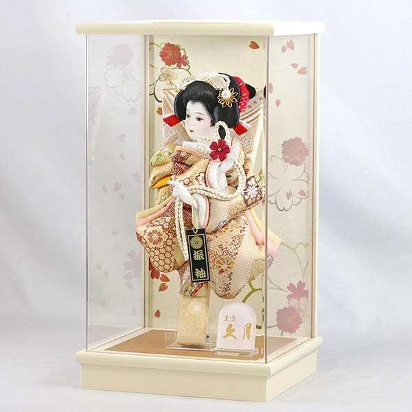 久月　 羽子板　金襴振袖 アイボリー塗り アクリルケース飾り　詳細画像