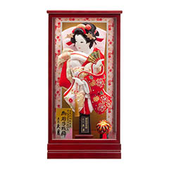 羽子板: 絞り金彩刺繍振袖 マホ塗り ガラスケース飾り