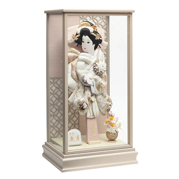 久月　 羽子板　刺繍振袖 ベージュ塗 ガラスケース飾り　詳細画像