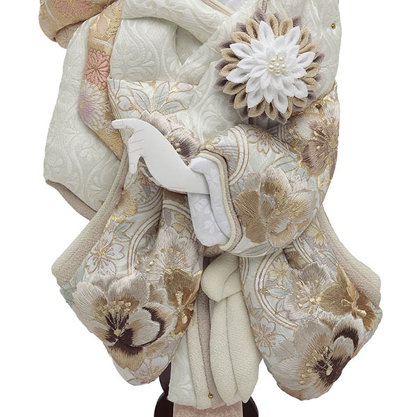 久月　 羽子板　刺繍振袖 ベージュ塗 ガラスケース飾り　詳細画像