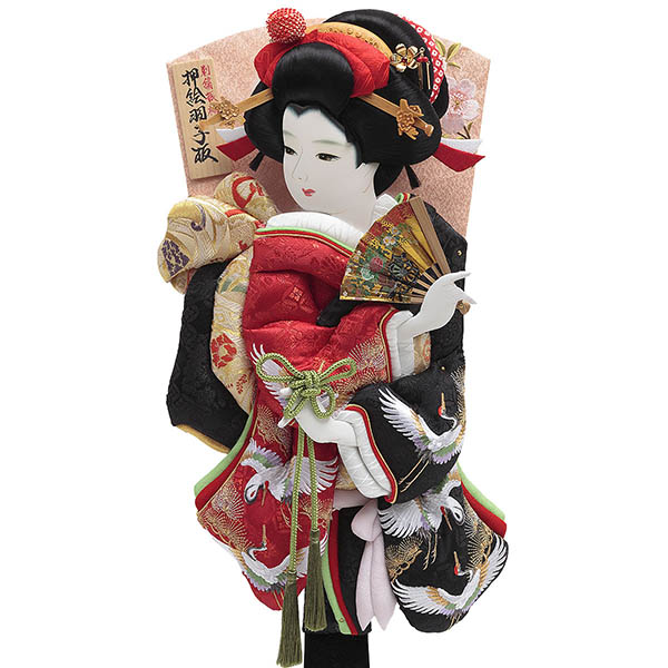 久月　 羽子板　松に鶴 刺繍振袖 ワイン塗り 面取りガラスケース飾り　詳細画像