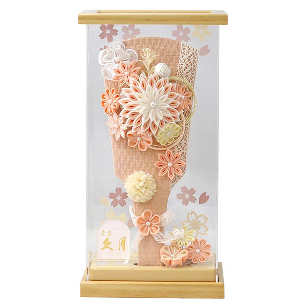 つまみ細工 サーモン アクリルケース飾り 髪飾り付き