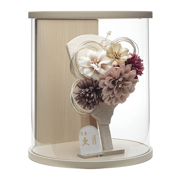 久月　 羽子板　洋花 ワイン 髪飾り グレージュ塗り 円柱 アクリルケース飾り　詳細画像