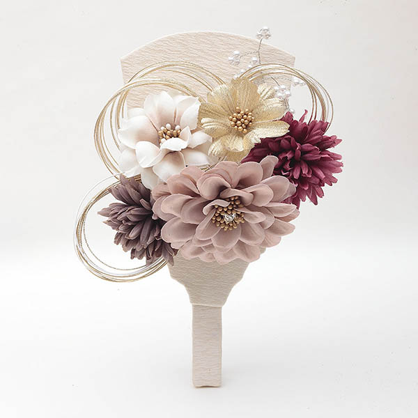 久月　 羽子板　洋花 ワイン 髪飾り グレージュ塗り 円柱 アクリルケース飾り　詳細画像