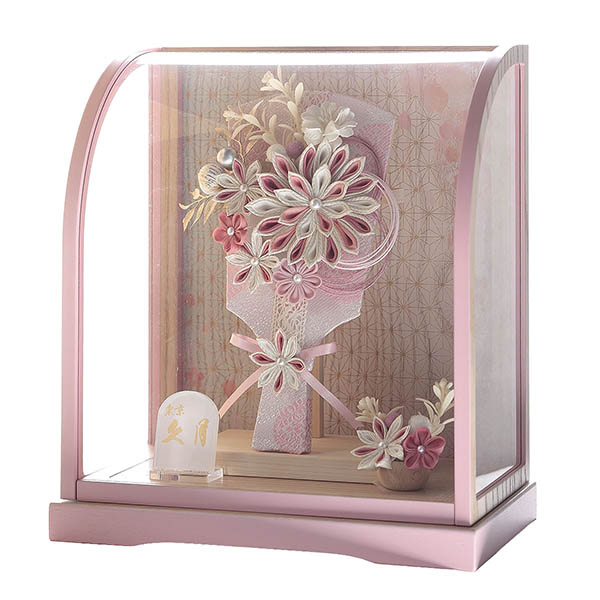 久月　 羽子板　つまみ細工 白桃 髪飾り ピンク塗 木目 アクリルケース飾り　詳細画像