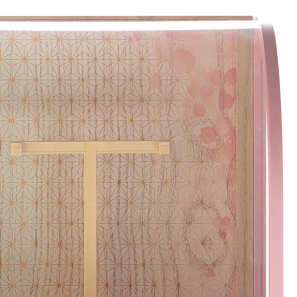 久月　 羽子板　つまみ細工 白桃 髪飾り ピンク塗 木目 アクリルケース飾り　詳細画像