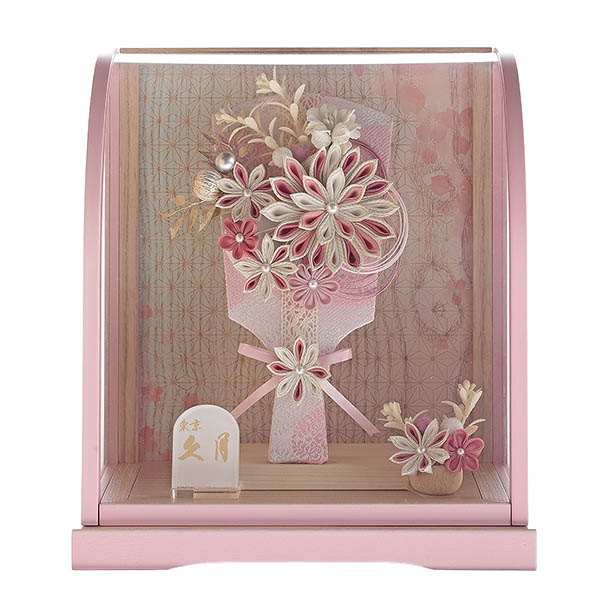 つまみ細工 白桃 髪飾り ピンク塗 木目 アクリルケース飾り