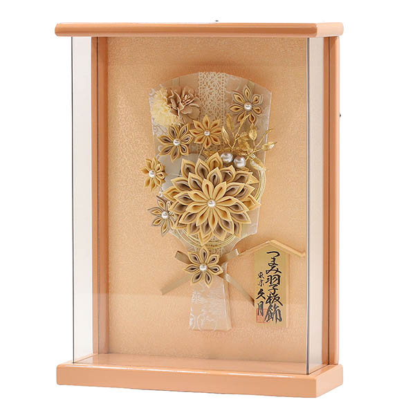 久月　 羽子板　つまみ細工 髪飾り 羽子板 モカ 壁掛け 額飾り パールピンク塗り アクリルケース　詳細画像