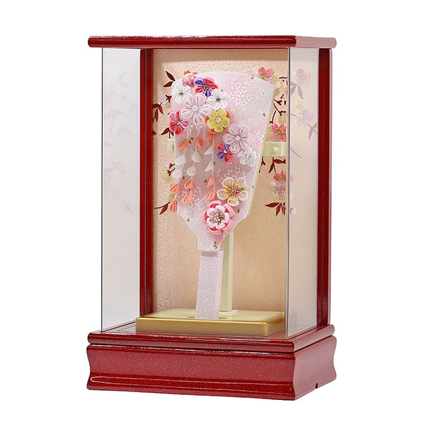東玉　 羽子板　つまみ細工 羽子板 ピンク 赤パール塗り アクリルケース飾り　詳細画像