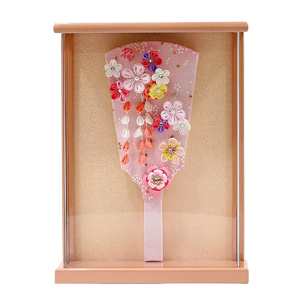 つまみ細工 羽子板 ピンク 壁掛け 額飾り パールピンク塗り アクリルケース飾り
